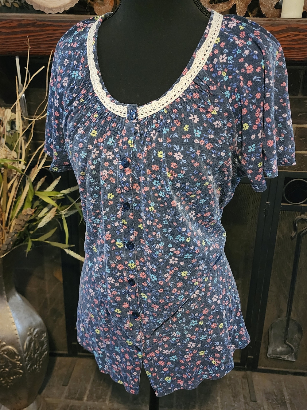 Navy Floral Button-Front Sleepwear Top